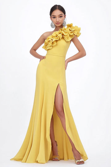 Yellow One Shoulder Ruffled Long Wedding Guest Dress with Slit
